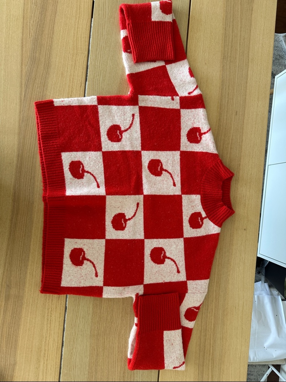 Red and Cream Cherry Checkerboard Sweater